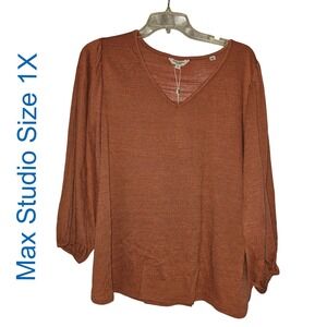 Max Studio 1X V Neck Lightweight Blouse in Burnt Orange NWT